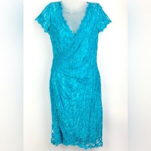 Emilio Pucci Blue Sheath Lace Wrap Dress Short Sleeve SILK Lining - Size US 10